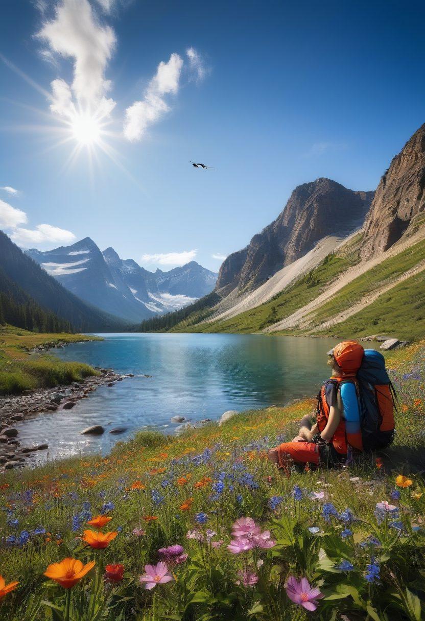 A serene outdoor landscape featuring a diverse group of outdoor enthusiasts engaged in various activities like hiking, kayaking, and camping. Include a variety of safety gear like helmets, life vests, and first-aid kits, with a backdrop of stunning mountains and clear blue skies. Add vivid details of nature, such as colorful wildflowers and birds in flight, to embody adventure and tranquility. Super-realistic. Vibrant colors. 3D.