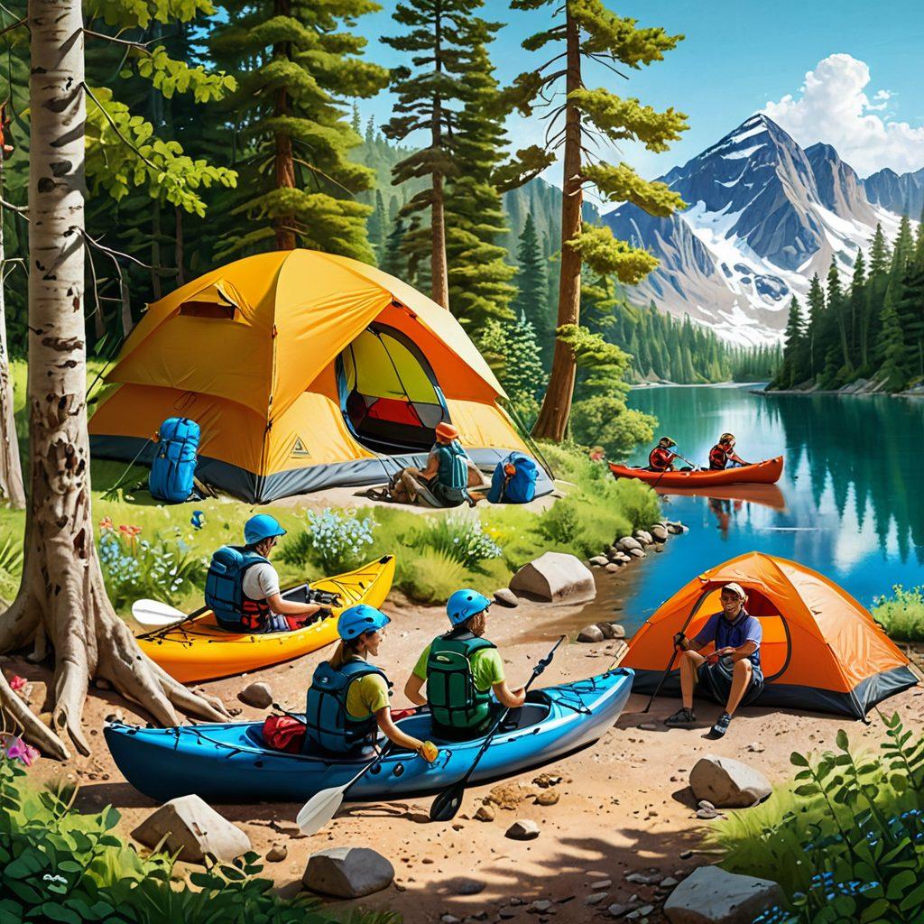 An adventurous scene showcasing a diverse group of people engaging in various outdoor activities like hiking, kayaking, and camping, all while highlighting an insurance theme through illustrated safety gear and comforting symbols. Include emotional connections, like friends laughing or family bonding, surrounded by vibrant nature and scenic landscapes. Super-realistic. Bright and vibrant colors. White background.